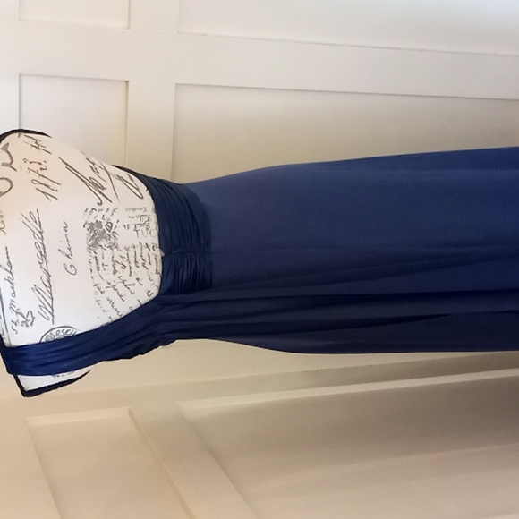 Formal David's Bridal Navy One Shoulder Long Jersey Dress With Cascade Back Sz 8 - Picture 5 of 11